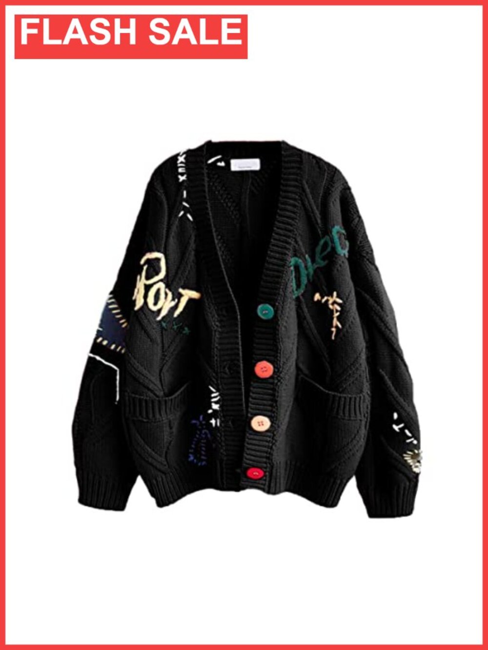 Wool Blend Cable Knit Open Front Cardigan V-Neck Button Embroidery Long Sleeve